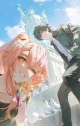  1boy 1girl absurdres adoptive_parent_and_adoptive_child aemeath_(wuthering_waves) bird black_hair black_jacket closed_mouth commentary dino_(dinoartforame) english_commentary father_and_child father_and_daughter grin guest_art hand_in_pocket highres jacket looking_at_viewer male_rover_(wuthering_waves) one_eye_closed orange_eyes parent_and_child pink_hair real_world_location rover_(wuthering_waves) smile star-shaped_pupils star_(symbol) statue_of_liberty symbol-shaped_pupils white_bird wuthering_waves yellow_eyes 