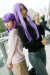  camisole cardigan cosplay fate/stay_night glasses hair_ribbons jeans matou_sakura minato_misa photo purple_hair rider skirt turtleneck yoshishige_yutaka 