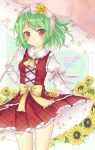  1girl adapted_costume arm_ribbon ascot blush bow dress field flower flower_field green_hair hair_bow hair_flower hair_ornament harukaruha highres juliet_sleeves kazami_yuuka long_sleeves looking_at_viewer parasol puffy_sleeves red_dress red_eyes smile solo sunflower touhou umbrella 