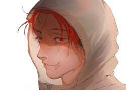  1boy absurdres closed_mouth estrixart eyelashes grey_hoodie highres hood hood_up hoodie itadori_yuji jujutsu_kaisen jujutsu_kaisen_modulo lips looking_at_viewer male_focus nose parted_lips pink_hair scar scar_on_face scar_on_forehead scar_on_mouth short_hair simple_background solo teeth white_background 