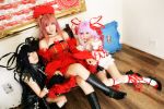  al_azif another_blood boots cosplay cuffs demonbane dress etheldreda gloves hair_ribbons knee_highs lace photo purple_hair ribbons rose_petals rou saya tsugihagi_mishin 