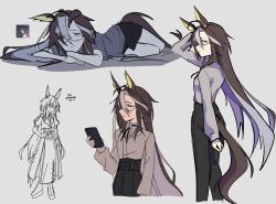  1girl ahoge animal_ears anime_coloring arm_behind_head belt black_pants blue_eyes blush bolo_tie boots brown_hair colored_inner_animal_ears colored_inner_hair commentary cross-laced_slit dream_journey_(casual)_(umamusume) dream_journey_(reminder_of_dreamland)_(umamusume) dream_journey_(umamusume) dress droopy_ears ear_ornament english_commentary flat_color game_screenshot_inset grey_shirt hair_between_eyes hair_ornament hand_on_own_hip high-waist_pants highres holding holding_phone horse_ears horse_girl horse_tail jacket lineart looking_at_phone looking_at_viewer looking_back lying multicolored_hair multiple_views on_bed on_side pants phone platform_boots platform_shoes sanpaku screenshot_inset semi-rimless_eyewear shirt shoes simple_background single_hair_intake streaked_hair t-shirt tail tassel tassel_hair_ornament tirasumiii umamusume white_background white_hair white_streaks 