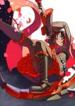  1girl boots brown_eyes brown_hair buming cross-laced_footwear dress moon petals ruby_rose rwby scythe short_hair solo weapon 