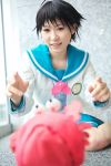  ahoge chippi cosplay crab idolmaster_xenoglossia kikuchi_makoto photo sailor_uniform school_uniform stuffed_animal 