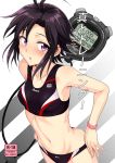  1girl :o antenna_hair bare_shoulders black_hair blush bracelet breasts character_name cover cover_page doujin_cover highres idolmaster jewelry kikuchi_makoto navel short_hair solo stopwatch tsurui violet_eyes watch 