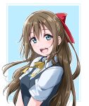  1girl bangs blue_eyes breasts brown_hair commentary_request eyebrows_visible_through_hair hair_intakes half_updo highres long_hair looking_at_viewer love_live! love_live!_nijigasaki_high_school_idol_club medium_breasts nijigasaki_academy_uniform ousaka_shizuku shiny shiny_hair short_sleeves sidelocks smile solo upper_body yopparai_oni 