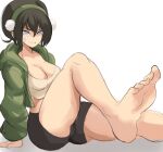 1girl avatar:_the_last_airbender avatar_(series) black_hair black_tights breasts cleavage feet foot_out_of_frame hairband jacket looking_at_viewer rakeem_garcia-cueto toph_bei_fong 