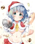  1girl :3 bangs bowl capelet christmas cleavage_cutout closed_mouth clothing_cutout cookie cowboy_shot eyebrows_visible_through_hair food gradient gradient_background green_eyes green_hair groin hat heart highres holding holding_bowl holding_whisk konpaku_youmu konpaku_youmu_(ghost) looking_at_viewer navel pegashi red_capelet red_headwear red_skirt santa_costume santa_hat short_hair skirt smile solo standing sweets touhou whisk yellow_background 