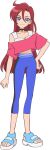  1girl artist_request black_neckwear blue_footwear blue_pants choker closed_mouth full_body hair_between_eyes hand_on_hip highres legs long_hair looking_at_viewer official_art pants precure red_shirt redhead sandals shirt simple_background smile solo standing takizawa_asuka tropical-rouge!_precure violet_eyes white_background white_shirt 