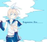  1girl blonde_hair blue_eyes blue_sky bow character_name clouds detached_sleeves hair_bow hair_ornament hairclip kagamine_rin limited_palette looking_at_viewer moa_(fade64222) number_tattoo sailor_collar shorts shoulder_tattoo sketch sky solo tattoo vocaloid 