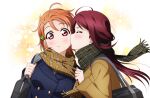  2girls ahoge bag blue_coat blush buttons cheek_kiss clothes_tug clover_hair_ornament coat commentary dot_nose gradient gradient_background green_scarf hair_ornament highres holding holding_bag kiss kougi_hiroshi long_hair love_live! love_live!_sunshine!! multiple_girls orange_hair plaid plaid_scarf red_eyes redhead sakurauchi_riko scarf school_bag short_hair surprised takami_chika upper_body white_background yellow_background yellow_coat yellow_scarf yuri 