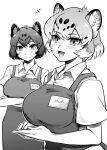  2girls alternate_costume animal_ear_fluff animal_ears apron bare_arms black_jaguar_(kemono_friends) blush breasts cat_girl closed_mouth collared_shirt colored_inner_hair commentary_request contemporary crossed_arms eyebrows_visible_through_hair fangs greyscale hair_between_eyes highres jaguar_(kemono_friends) jaguar_ears jaguar_girl kemono_friends large_breasts looking_at_viewer monochrome multicolored_hair multiple_girls name_tag open_mouth own_hands_together shirt short_hair short_sleeves simple_background smile upper_body white_background wing_collar yokuko_zaza 