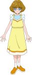  1girl artist_request bare_arms blue_eyes blue_shirt brown_hair closed_mouth dress full_body glasses highres ichinose_minori jewelry looking_at_viewer official_art orange_footwear precure ring shirt shoes short_hair simple_background smile socks solo standing tropical-rouge!_precure white_background white_legwear yellow_dress 