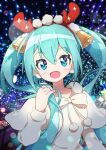 1girl antlers aqua_eyes aqua_hair bell blurry bokeh christmas commentary depth_of_field dress earmuffs fang fur-trimmed_dress fur_trim fuusen_neko hair_bell hair_ornament hairband hatsune_miku highres holding holding_hair lens_flare long_hair looking_at_viewer open_mouth reindeer_antlers skin_fang smile snowing solo twintails upper_body very_long_hair vocaloid white_dress