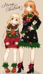  2girls :&lt; absurdres ahoge blonde_hair christmas_tree_costume dantape futaba_anzu hand_on_hip height_difference high_heels highres huge_filesize idolmaster idolmaster_cinderella_girls low_twintails merry_christmas moroboshi_kirari multicolored_hair multiple_girls orange_hair pink_hair reindeer simple_background standing sweater twintails wavy_hair 