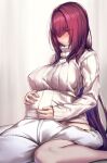  1boy 1girl bangs blush breasts closed_mouth fate/grand_order fate_(series) highres large_breasts long_hair long_sleeves lun7732 purple_hair red_eyes ribbed_sweater scathach_(fate)_(all) scathach_(fate/grand_order) shirt sitting sweater turtleneck turtleneck_sweater wariza white_shirt white_sweater 