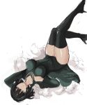  1girl bangs black_hair boots breasts covered_navel curvy dress fubuki_(one-punch_man) fur_coat green_eyes jewelry large_breasts lying on_back one-punch_man rakeem_garcia-cueto 