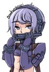  1girl android bright_pupils covering_mouth doekuramori eyebrows_visible_through_hair flat_chest gloves gun headphones holding holding_gun holding_weapon looking_at_viewer purple_gloves purple_hair revolver robot short_hair signature simple_background solo the_citadel upper_body violet_eyes weapon white_background white_pupils 