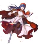  1girl alternate_costume azutarou bangs blue_eyes blue_hair book boots bracelet breasts cape dress elbow_gloves fire_emblem fire_emblem:_the_binding_blade fire_emblem_heroes full_body gloves hat highres holding holding_book jewelry knee_boots leg_up lilina_(fire_emblem) long_hair looking_away medium_breasts official_art open_mouth pantyhose pelvic_curtain red_cape shiny shiny_clothes shiny_hair skirt sleeveless sleeveless_dress solo transparent_background white_dress white_footwear white_gloves 
