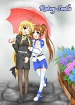  2girls blonde_hair brown_hair couple fate_testarossa flower happy long_hair lyrical_nanoha mahou_shoujo_lyrical_nanoha mahou_shoujo_lyrical_nanoha_strikers mahou_shoujo_lyrical_nanoha_vivid multiple_girls raikkonen713 rain side_ponytail simple_background smile takamachi_nanoha tsab_air_military_uniform tsab_executive_military_uniform umbrella very_long_hair yuri 