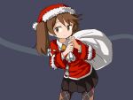  1girl argyle argyle_legwear bell black_skirt brown_eyes brown_hair cowboy_shot dress_shirt english_commentary fur-trimmed_headwear fur_trim grey_background hat kantai_collection leaning_forward long_hair pantyhose pleated_skirt red_headwear ryuujou_(kantai_collection) sack santa_hat shikigami shirt sixten skirt solo standing twintails two-tone_background white_shirt 