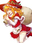  1girl :d apron bag bell blonde_hair boots bow capelet dress eyebrows_visible_through_hair feet_out_of_frame fur_trim green_bow hair_between_eyes hair_bow hair_ribbon hat hat_bow highres holding holding_bag kirisame_marisa kuya_(hey36253625) long_hair looking_at_viewer open_mouth red_capelet red_dress red_footwear red_headwear ribbon santa_costume simple_background smile solo striped striped_bow thigh-highs touhou tress_ribbon upper_teeth v-shaped_eyebrows white_background white_legwear white_sleeves witch_hat yellow_eyes zettai_ryouiki 