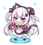  1girl anchor_hair_ornament animal_ears apron azur_lane bangs black_footwear black_gloves black_skirt blue_eyes blue_outline blush cat_ears cat_tail chibi commentary_request crop_top eyebrows_visible_through_hair fake_animal_ears fang full_body fur-trimmed_gloves fur_trim gloves hair_ornament hammann_(azur_lane) long_hair looking_at_viewer midriff navel open_mouth outline paw_gloves paws pleated_skirt ryuuka_sane silver_hair skirt solo sparkle standing sweat tail tail_raised thigh-highs two_side_up v-shaped_eyebrows very_long_hair waist_apron wavy_mouth white_apron white_background white_legwear 