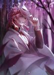  1boy black_jacket dal_li_0130 fox_mask hand_up haori highres jacket japanese_clothes kimetsu_no_yaiba long_hair long_sleeves looking_at_viewer male_focus mask mask_lift mask_on_head outdoors pink_eyes pink_hair profile sabito_(kimetsu) scar scar_on_face solo tree twitter_username uniform upper_body 