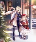  1boy 1girl albedo_(genshin_impact) artist_name blonde_hair blue_eyes brother_and_sister christmas christmas_ornaments christmas_tree dated genshin_impact highres klee_(genshin_impact) merry_christmas open_mouth red_eyes rokuon short_hair smile snowing twintails 