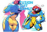  ... 1girl arm_cannon ass blue_bodysuit bodysuit character_name covered_face facing_viewer fusion_suit halftone hand_on_hip helmet metroid_fusion multicolored multicolored_bodysuit multicolored_clothes multiple_views power_armor rariatto_(ganguri) samus_aran sparkle spoken_ellipsis weapon yellow_bodysuit 