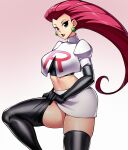  1girl blue_eyes boots breasts crop_top earrings elbow_gloves expressionless gloves gradient gradient_background hair_slicked_back highres jessie_(pokemon) jewelry leg_up long_hair looking_at_viewer parted_lips pokemon pokemon_(anime) pokemon_(classic_anime) redhead skirt solo team_rocket team_rocket_uniform thigh-highs thigh_boots thighhighs_pull thighs two-tone_background very_long_hair zeshgolden 