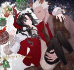  1boy 1girl alternate_costume animal_ears antlers archer artist_request black_hair blue_eyes box brown_eyes brown_shirt buttons carrying christmas christmas_ornaments christmas_tree closed_mouth commentary_request dark_skin dark_skinned_male deer_ears english_text eyebrows_visible_through_hair fake_animal_ears fate/stay_night fate_(series) fur-trimmed_headwear fur-trimmed_jacket fur-trimmed_sleeves fur_trim gift gift_box green_ribbon hand_on_another&#039;s_shoulder hat highres jacket lips long_hair long_sleeves looking_at_another merry_christmas multicolored multicolored_ribbon necktie one_eye_closed pantyhose princess_carry red_headwear red_jacket red_neckwear red_ribbon reindeer_antlers ribbed_sweater ribbon santa_costume shirt short_hair smile snowflakes snowman sweater thigh-highs tohsaka_rin two_side_up white_hair 