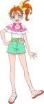  1girl :d bare_arms bare_legs bow brown_hair full_body green_eyes green_shorts hair_bow highres jewelry looking_at_viewer nakatani_yukiko natsuumi_manatsu official_art open_mouth ring sandals shirt short_hair shorts side_ponytail simple_background smile solo standing tropical-rouge!_precure white_background white_shirt yellow_bow 