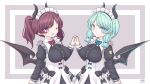  2girls ;d aqua_hair artist_name black_bow blue_eyes bow bowtie breasts brown_hair commentary demon_wings eyebrows_visible_through_hair fang frr_(akf-hs) highres holding_hands horns interlocked_fingers juliet_sleeves large_breasts long_hair long_sleeves looking_at_viewer maid maid_headdress multiple_girls one_eye_closed open_mouth pointy_ears puffy_sleeves satarina-ke_no_meido-san satarina-san simple_background smile twintails underbust violet_eyes vrchat wings 