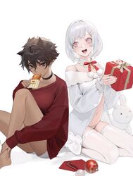  2girls black_choker box breasts choker christmas_ornaments clothing_request dark_skin dark-skinned_female eating envelope food gift gift_box hair_between_eyes hair_ornament hairclip highres holding holding_box holding_food jacket knee_up large_breasts letter long_sleeves looking_at_viewer micchan_(ohisashiburi) multiple_girls nacchan_(ohisashiburi) navel neck_ribbon off-shoulder_jacket off_shoulder ohisashiburi open_mouth original panties pink_eyes red_ribbon ribbon seiza shirt short_hair sitting skirt sleeves_past_wrists stuffed_animal stuffed_bunny stuffed_toy sweater thigh-highs tomboy underwear upper_teeth white_jacket white_legwear 