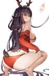  1girl absurdres ass azuma_(azur_lane) azur_lane bangs bare_legs bare_shoulders bikini black_hair blush breasts fake_antlers highres hyoin large_breasts leash long_hair looking_at_viewer looking_back low_tied_hair off_shoulder open_clothes open_shirt red_bikini solo squatting swimsuit yellow_eyes 