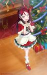  1girl absurdres boots busterbeam christmas christmas_tree forehead full_body gift gloves hair_ornament hairclip half_updo hand_on_own_cheek hand_on_own_face highres instrument long_hair looking_at_viewer love_live! love_live!_sunshine!! open_mouth piano redhead sakurauchi_riko smile solo yellow_eyes 