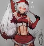  !? 1girl ander_horlo bare_shoulders blood capelet christmas commentary_request elbow_gloves garter_belt gloves grin hair_between_eyes hat heart heart-shaped_pupils highres holding holding_sack looking_at_viewer original red_capelet red_eyes red_headwear red_legwear red_skirt sack santa_costume santa_hat sharp_teeth short_hair simple_background skirt smile solo_focus symbol-shaped_pupils teeth thigh-highs white_hair 