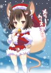  1girl animal_ears bell blush brown_eyes brown_hair christmas commentary_request dress fur_trim garter_straps hair_ornament hairclip hat highres mouse_ears mouse_tail nagomi_tozakura original outdoors red_dress red_headwear sack safety_pin santa_hat short_dress short_hair snow solo tail thigh-highs translation_request white_legwear 