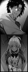  1boy 1girl absurdres ahoge artoria_pendragon_(all) artoria_pendragon_(caster) bangs blush breasts chaldea_uniform command_spell dress fate/grand_order fate_(series) fujimaru_ritsuka_(male) greyscale highres hxd long_hair long_sleeves looking_at_viewer monochrome ponytail short_hair sidelocks small_breasts 