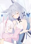  2girls animal animal_ear_fluff animal_ears arms_up azur_lane bangs bare_shoulders blue_dress breasts bug butterfly closed_eyes closed_mouth commentary_request covering_with_blanket dress eyebrows_visible_through_hair fake_animal_ears grey_hair hair_between_eyes highres insect jacket laffey_(azur_lane) long_hair long_sleeves lying medium_breasts multiple_girls on_back on_side pink_jacket profile rabbit_ears roido_(taniko-t-1218) shinano_(azur_lane) sleeveless sleeveless_dress sleeves_past_wrists smile strap_slip twintails white_hair 