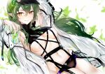  1girl :d absurdres arknights armpits arms_up bangs belt black_headwear breasts coat cup drinking_glass dutch_angle eyebrows_visible_through_hair fingernails gavial_(arknights) green_hair green_nails hair_between_eyes hair_ornament highres holding holding_cup leaf_hair_ornament lims_(neko2lims) long_fingernails long_hair long_sleeves looking_at_viewer medium_breasts nail_polish navel open_clothes open_coat open_mouth orange_eyes pointy_ears revealing_clothes smile solo stomach under_boob very_long_hair visor_cap white_coat 