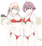  2girls alternate_costume anchor_hair_ornament aqua_eyes bare_arms bare_shoulders bikini blonde_hair breasts brown_eyes character_name christmas collarbone commentary_request fur_trim hair_ornament halterneck kantai_collection looking_at_viewer multiple_girls navel open_mouth prinz_eugen_(kantai_collection) red_bikini sakawa_(kantai_collection) santa_bikini santa_costume shigino_sohuzi short_hair side-tie_bikini smile stomach string_bikini striped striped_background swimsuit twintails 