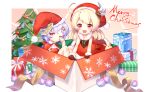  2girls blonde_hair blue_eyes christmas christmas_ornaments christmas_tree commentary genshin_impact hat hat_feather highres klee_(genshin_impact) lalazyt low_twintails multiple_girls purple_hair qiqi red_eyes santa_costume santa_hat short_hair snowflakes twintails violet_eyes 