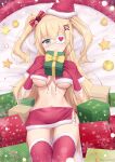  1girl akai_haato ass_visible_through_thighs bauble blonde_hair blue_eyes box breasts capelet eyepatch fur-trimmed_gloves fur-trimmed_legwear fur_trim gift gift_box gloves hat highres hololive joko_jmc long_hair lying medical_eyepatch miniskirt navel no_bra on_back red_gloves red_legwear santa_hat short_twintails skirt smile snowflakes solo star_(symbol) thigh-highs twintails under_boob virtual_youtuber 