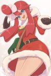  1girl absurdres belt black_belt blue_eyes brown_gloves christmas commentary_request gloves grey_background hair_ornament highres long_hair long_sleeves looking_at_viewer nuneno open_mouth pokemon pokemon_(game) pokemon_bw2 redhead santa_costume skyla_(pokemon) snowflake_background snowflakes solo teeth thighs upper_teeth 