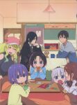  3boys 4girls :o ^_^ ^o^ absurdres blue_eyes c: closed_eyes eating elma_(maidragon) everyone fafnir_(maidragon) glasses gradient_hair highres horns huge_filesize indoors kanna_kamui kobayashi-san_chi_no_maidragon living_room looking_at_viewer magatsuchi_shouta multicolored_hair multiple_boys multiple_girls official_art purple_hair quetzalcoatl_(maidragon) saikawa_riko scan smile sweater takiya_makoto 