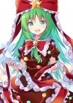  1girl bangs bow christmas christmas_ornaments cowboy_shot dress e.o. eyebrows_visible_through_hair frilled_bow frilled_ribbon frills front_ponytail green_eyes green_hair hair_bow hair_ribbon highres holding holding_ribbon kagiyama_hina long_hair looking_at_viewer open_mouth red_bow red_dress red_ribbon ribbon simple_background smile solo standing star_(symbol) touhou white_background 