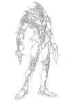  1boy armor breastplate clenched_hands greyscale helm helmet highres jckvuzuqjnpdie3 male_focus monochrome original pauldrons shoulder_armor simple_background sketch solo standing vambraces white_background 