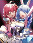  2girls :d ahoge animal_ear_fluff animal_ears arm_up armpits blue_bow blue_hair blush bow bowtie closed_eyes commentary_request eyebrows_visible_through_hair gloves hololive idol kito_koruta multiple_girls nonstop_story one_side_up open_mouth pink_bow pink_hair polka_dot polka_dot_background rabbit_ears sakura_miko smile twintails upper_body usada_pekora virtual_youtuber white_gloves 